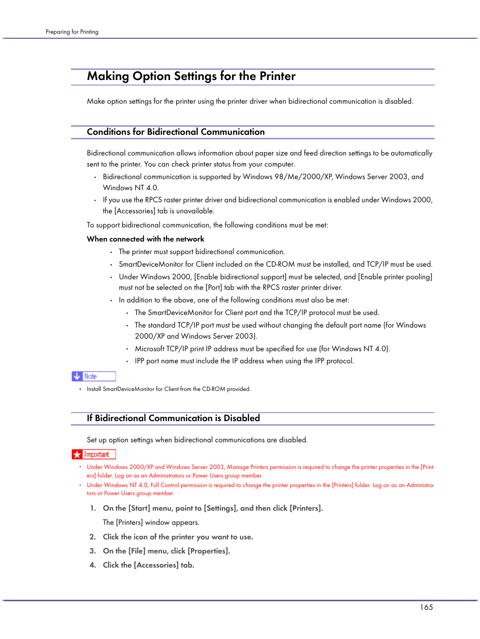 Making option settings for the printer, Conditions for bidirectional communication, If bidirectional communication is disabled | P.165 "if bidirectional communication is disabled | Lanier GX5050 User Manual | Page 168 / 279