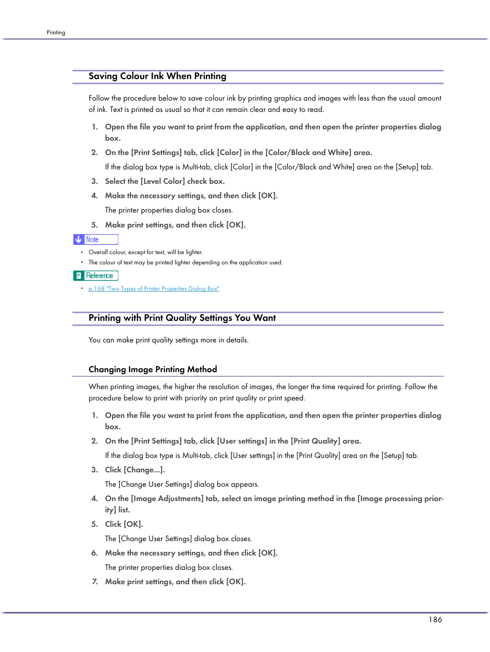 Saving colour ink when printing, Printing with print quality settings you want, Changing image printing method | Lanier GX5050 User Manual | Page 189 / 279