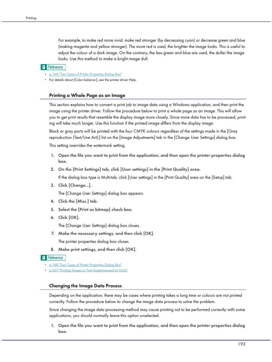 Changing the image data process, P.193 "changing the image data process, P.193 | Printing a whole page as an image | Lanier GX5050 User Manual | Page 196 / 279