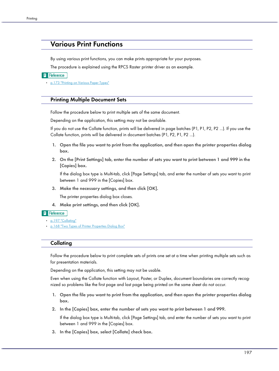 Various print functions, Printing multiple document sets, Collating | Lanier GX5050 User Manual | Page 200 / 279