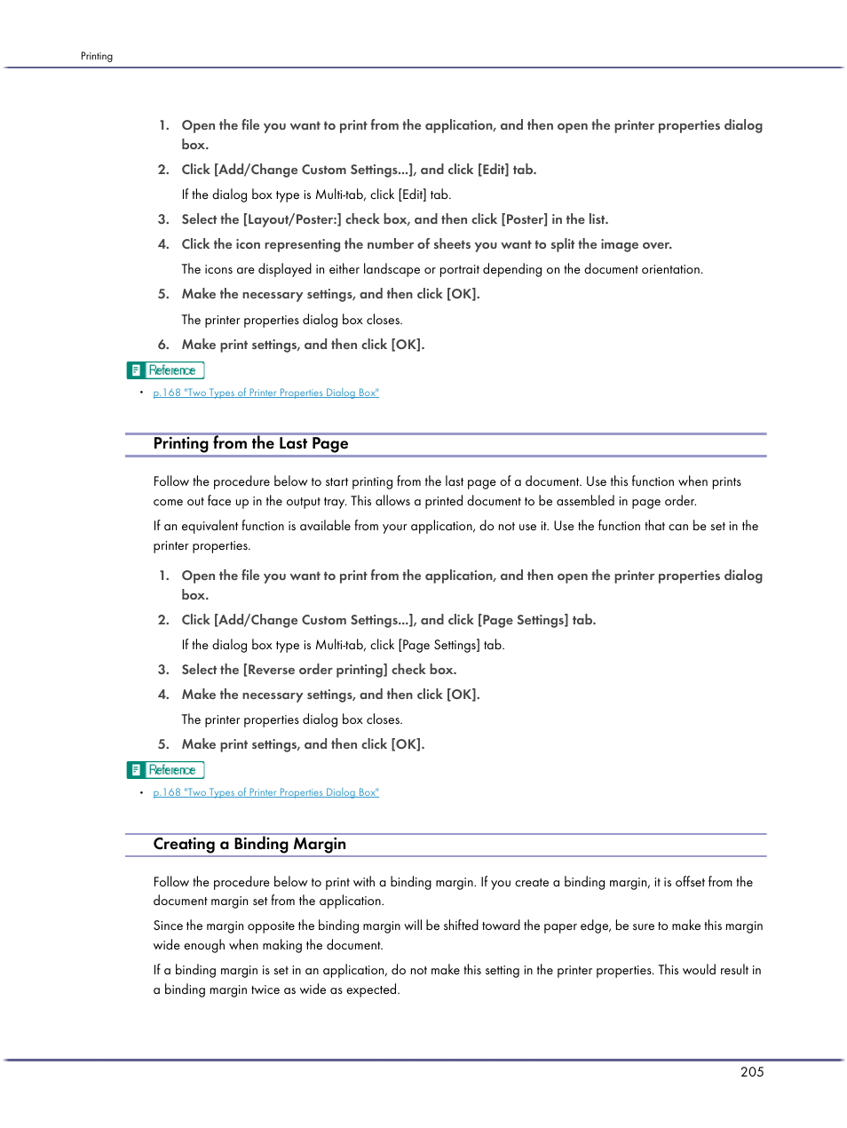 Creating a binding margin, P.205 "creating a binding margin, Printing from the last page | Lanier GX5050 User Manual | Page 208 / 279