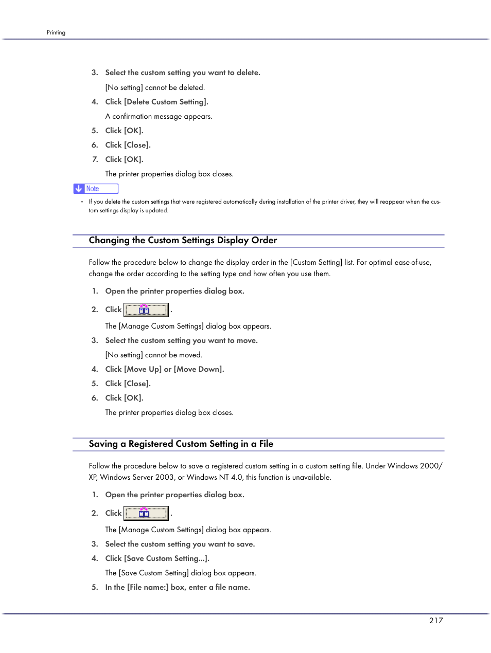 Changing the custom settings display order, Saving a registered custom setting in a file | Lanier GX5050 User Manual | Page 220 / 279