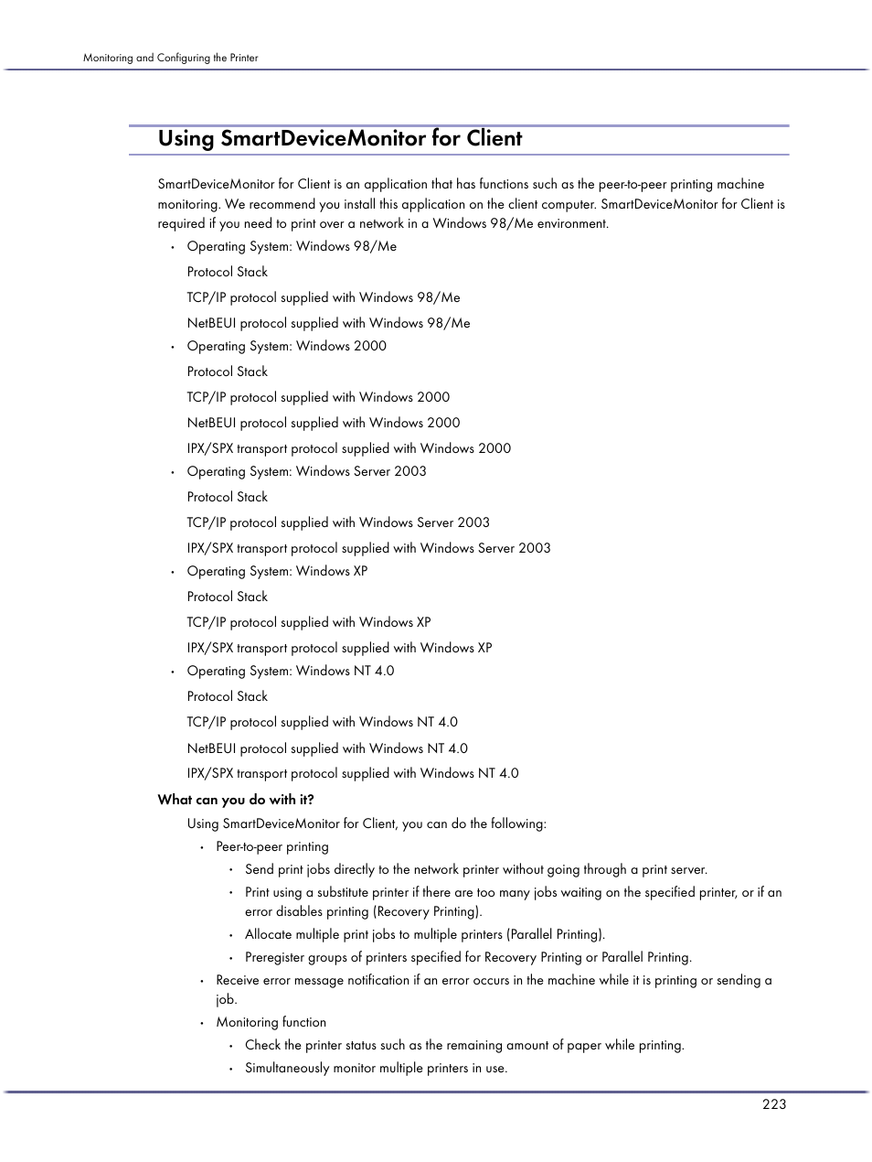 Using smartdevicemonitor for client, Peer-to-peer printing, Monitoring function | Simultaneously monitor multiple printers in use | Lanier GX5050 User Manual | Page 226 / 279