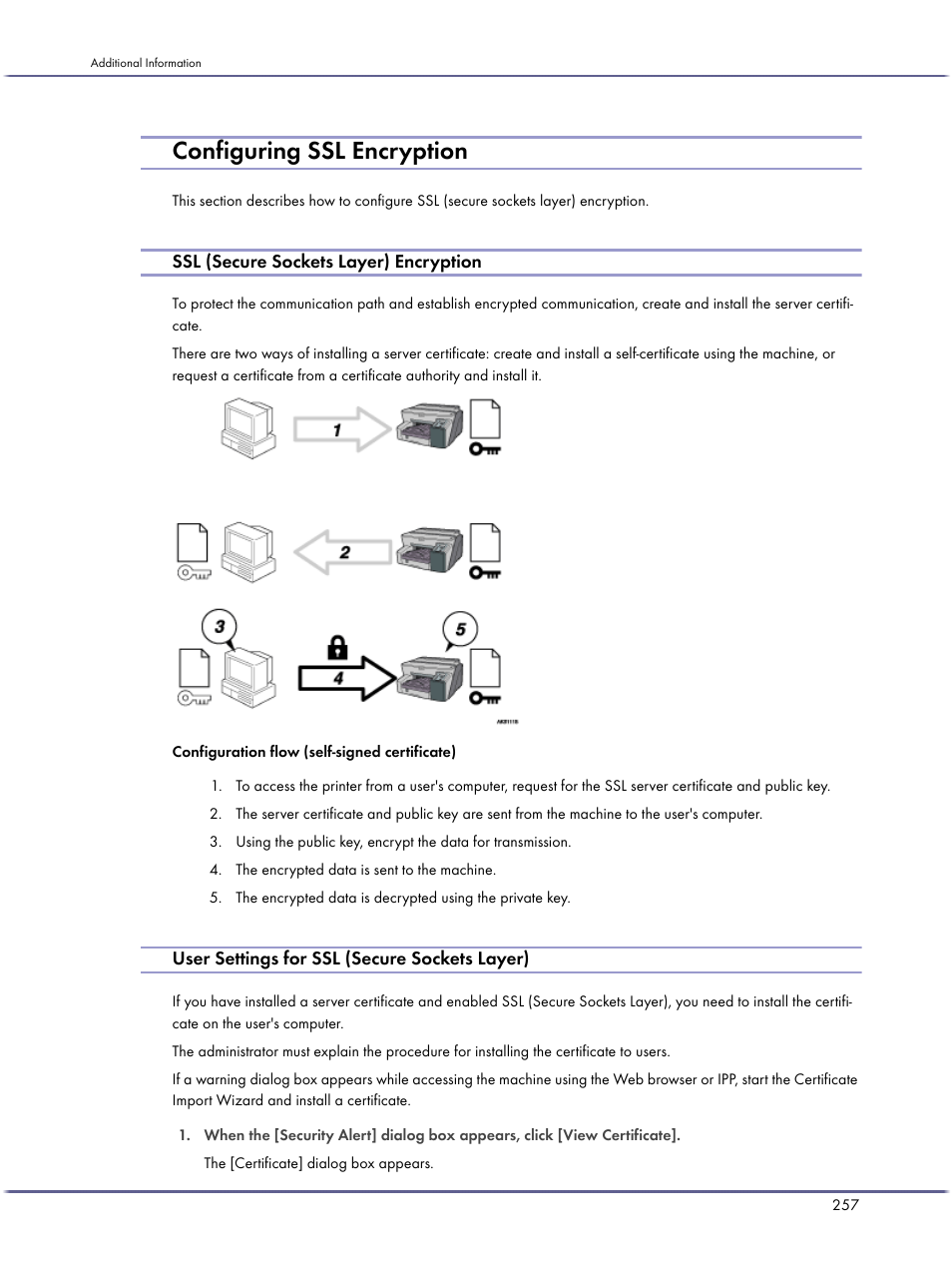 Configuring ssl encryption, Ssl (secure sockets layer) encryption, User settings for ssl (secure sockets layer) | Lanier GX5050 User Manual | Page 260 / 279