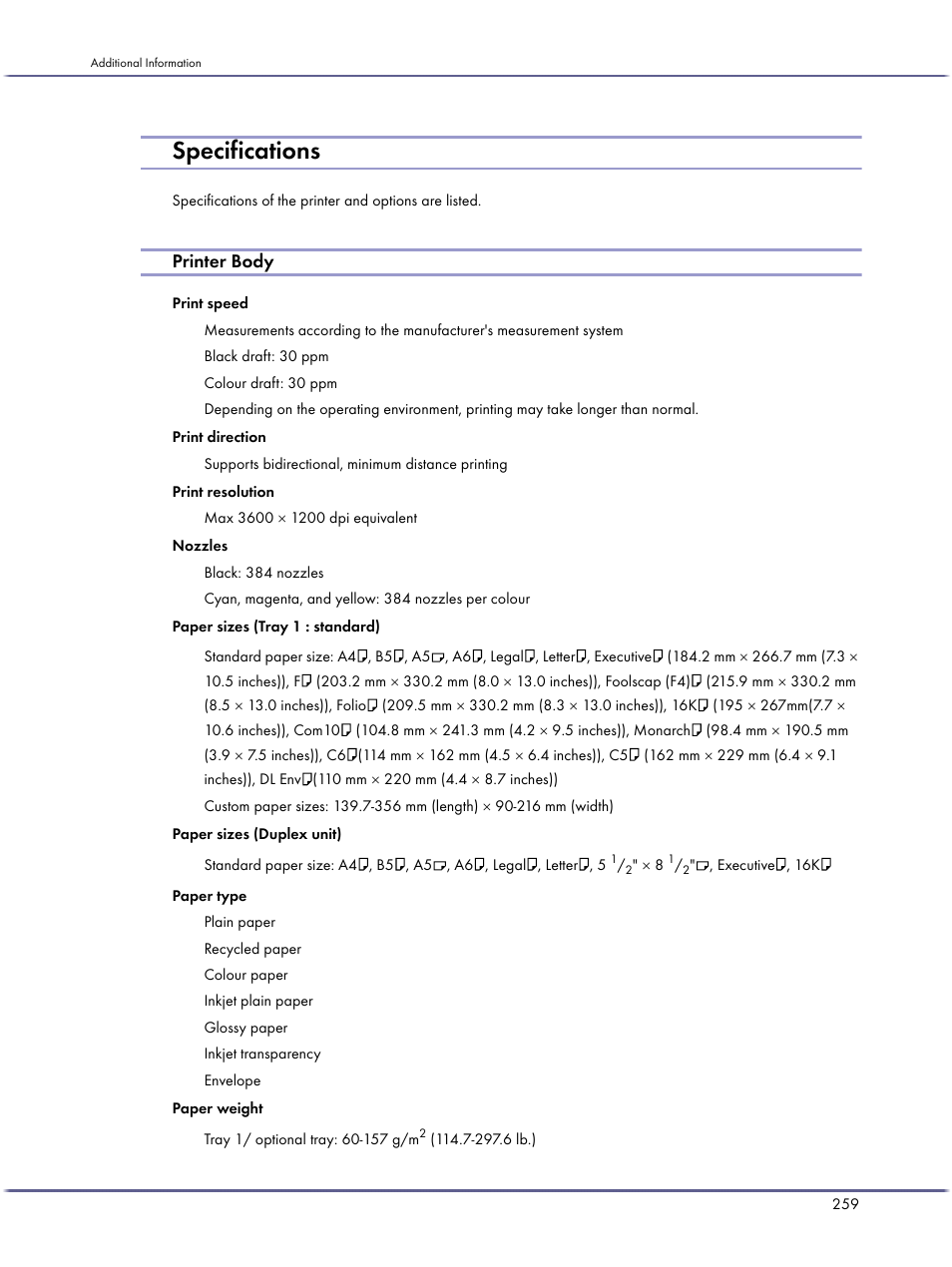 Specifications, Printer body | Lanier GX5050 User Manual | Page 262 / 279