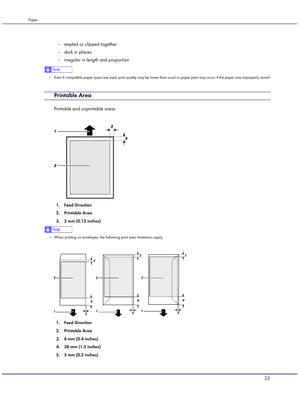 Printable area, Stapled or clipped together, Dark in places | Irregular in length and proportion, Printable and unprintable areas | Lanier GX5050 User Manual | Page 36 / 279