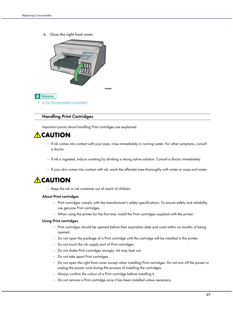 Handling print cartridges, Close the right front cover, Do not take apart print cartridges | Lanier GX5050 User Manual | Page 52 / 279