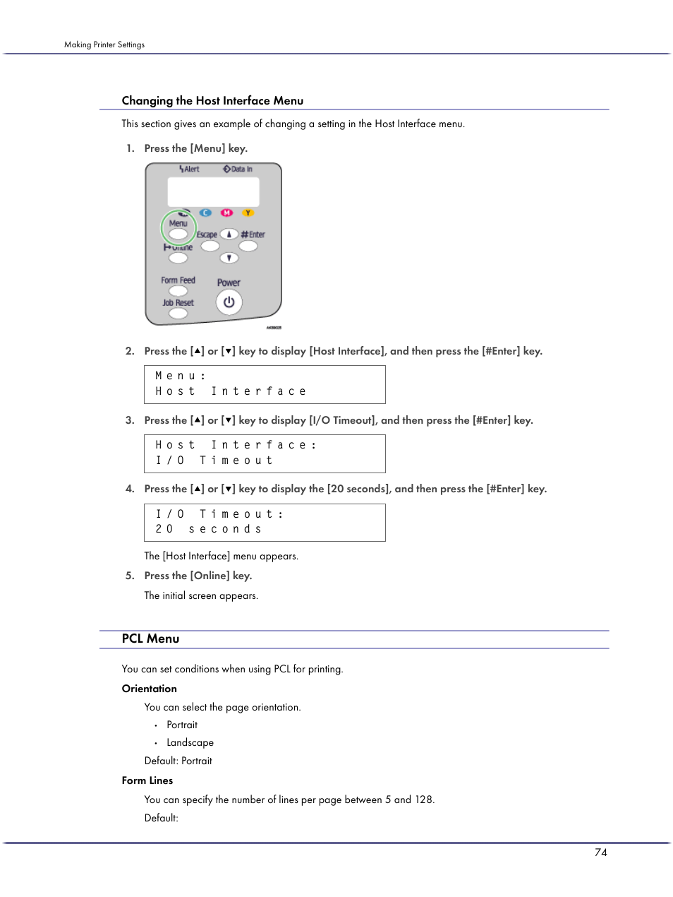 Pcl menu, Changing the host interface menu | Lanier GX5050 User Manual | Page 77 / 279