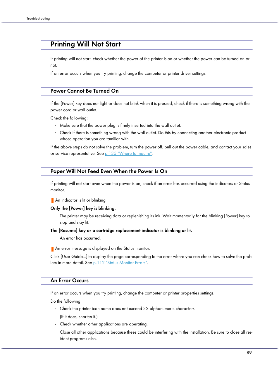 Printing will not start, Power cannot be turned on, Paper will not feed even when the power is on | An error occurs | Lanier GX5050 User Manual | Page 92 / 279