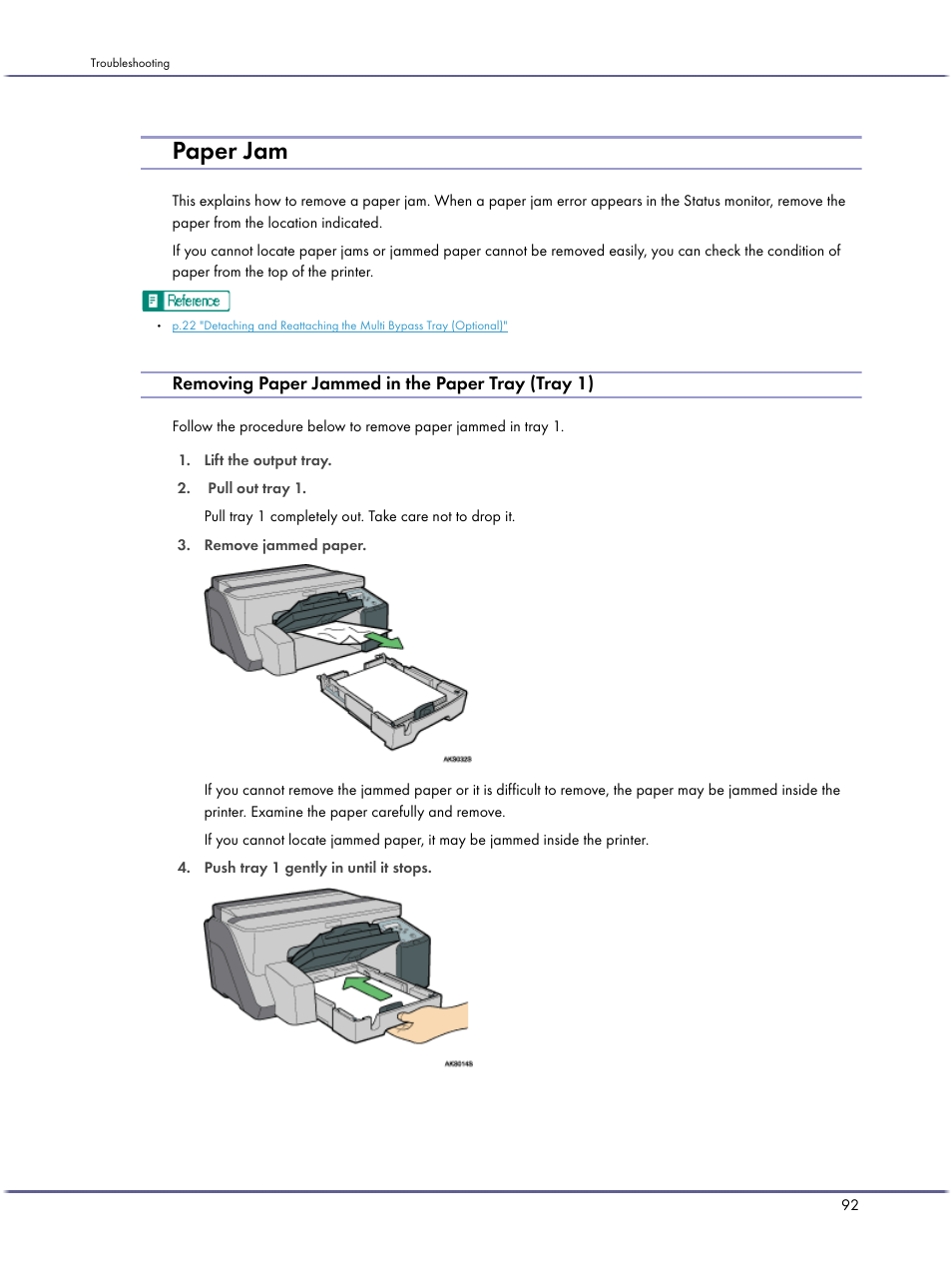 Paper jam, Removing paper jammed in the paper tray (tray 1), P.92 "paper jam | Lanier GX5050 User Manual | Page 95 / 279