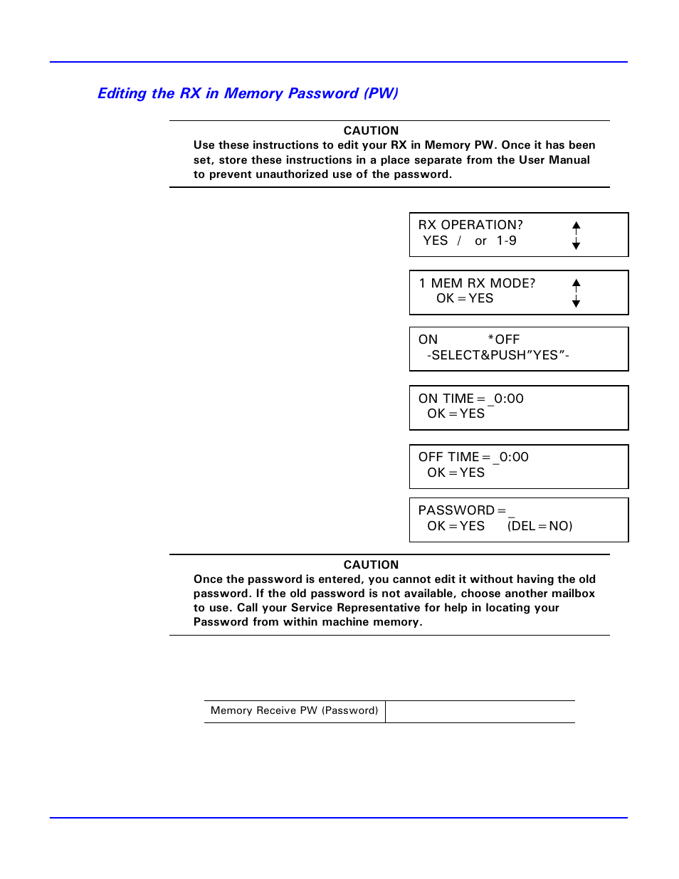 Editing the rx in memory password (pw) | Lanier 2001 User Manual | Page 105 / 210