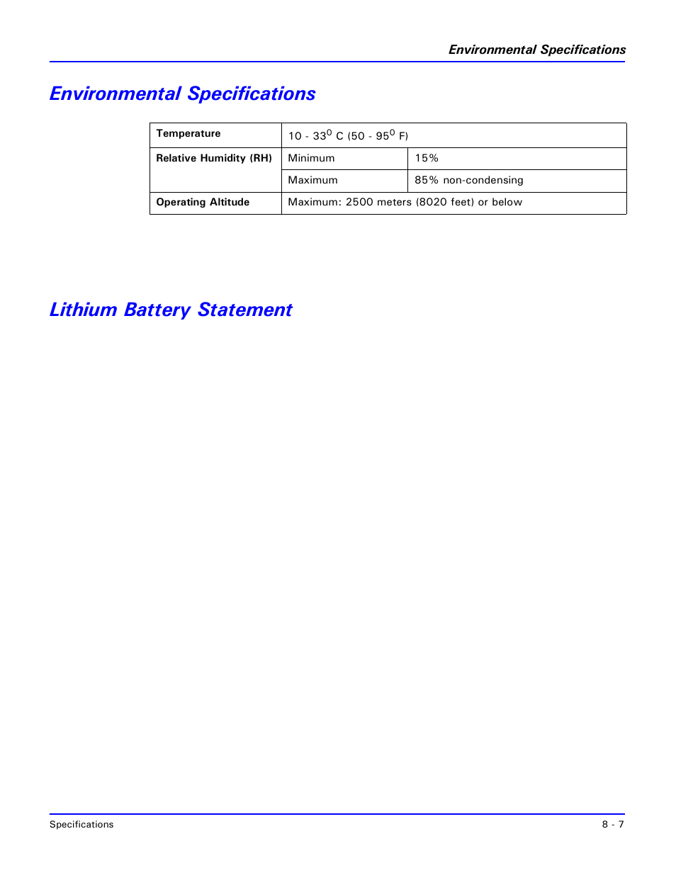 Environmental specifications, Lithium battery statement | Lanier 2001 User Manual | Page 167 / 210