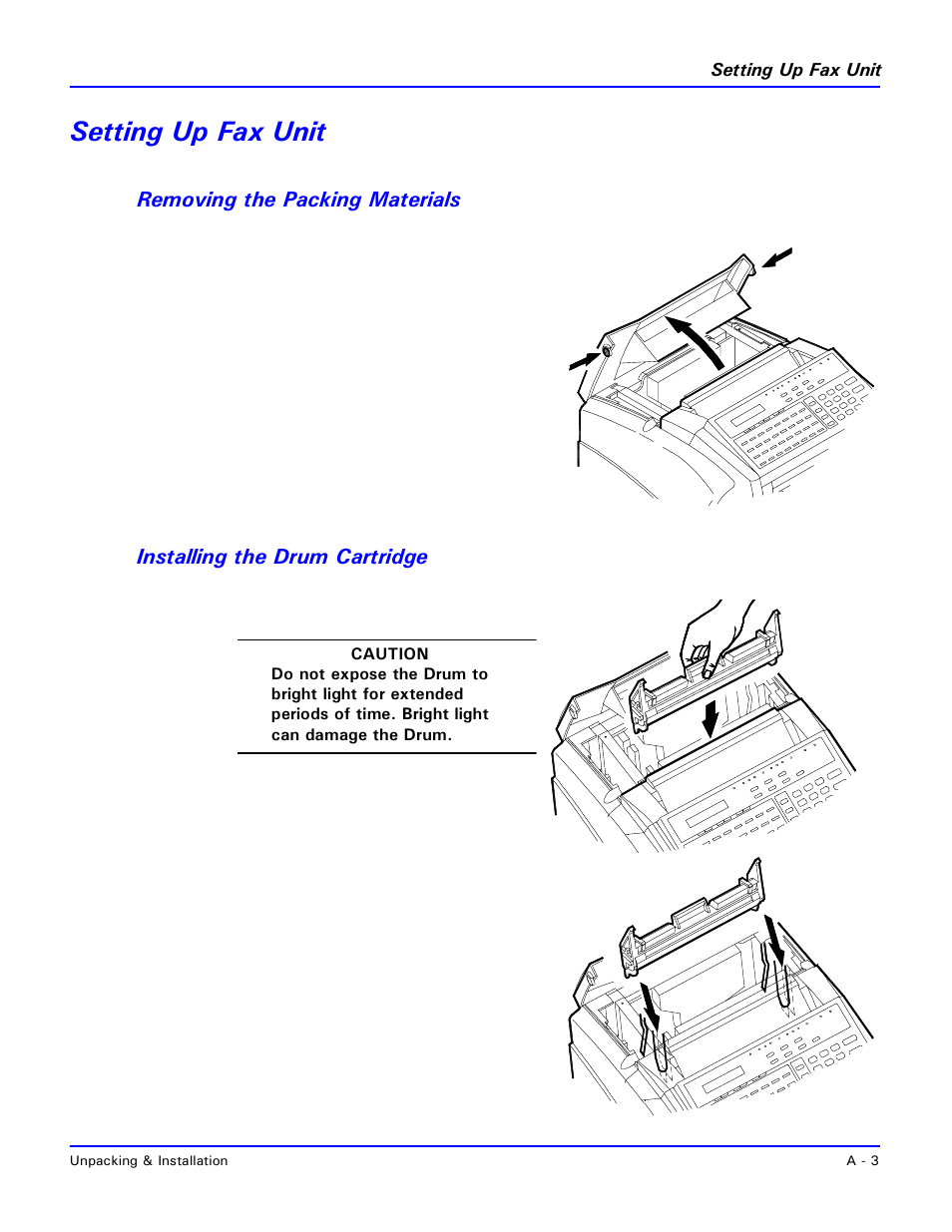 Setting up fax unit, Removing the packing materials, Installing the drum cartridge | Lanier 2001 User Manual | Page 173 / 210