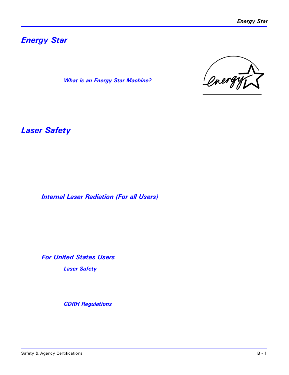 Energy star, Laser safety, Internal laser radiation (for all users) | For united states users | Lanier 2001 User Manual | Page 189 / 210