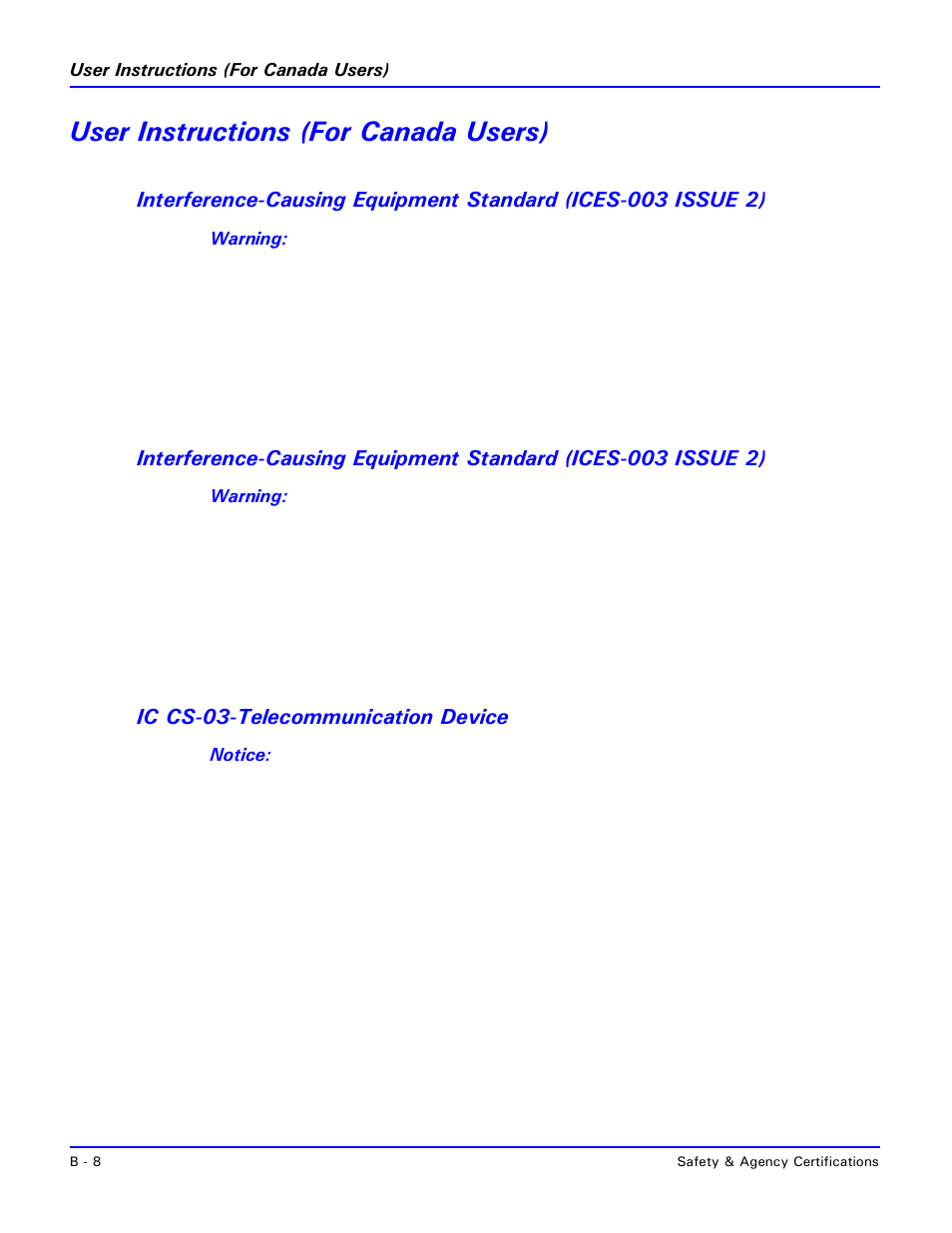 User instructions (for canada users), Ic cs-03-telecommunication device | Lanier 2001 User Manual | Page 196 / 210