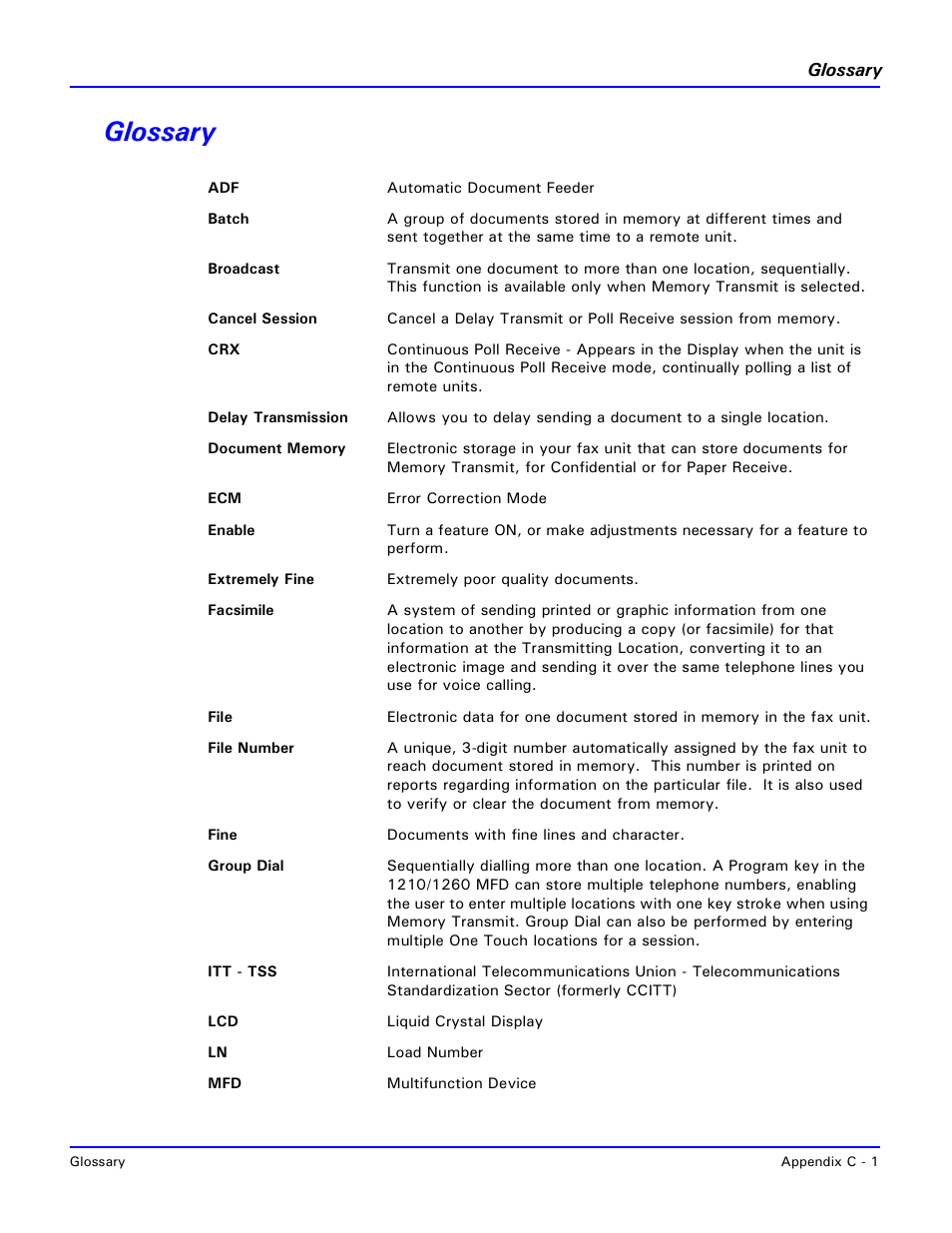 Glossary | Lanier 2001 User Manual | Page 201 / 210