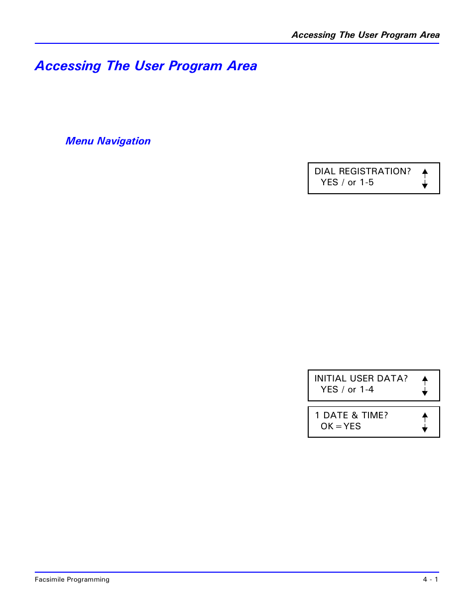 Accessing the user program area, Menu navigation, Accessing the user program area -1 | Menu navigation -1 | Lanier 2001 User Manual | Page 61 / 210