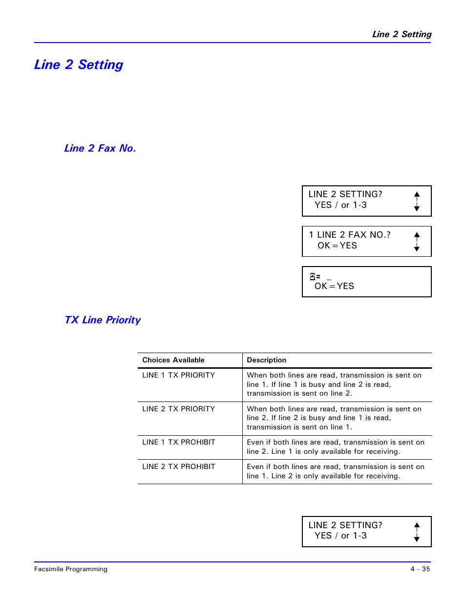 Line 2 setting, Line 2 fax no, Tx line priority | Line 2 setting -35, Line 2 fax no -35 tx line priority -36 | Lanier 2001 User Manual | Page 95 / 210