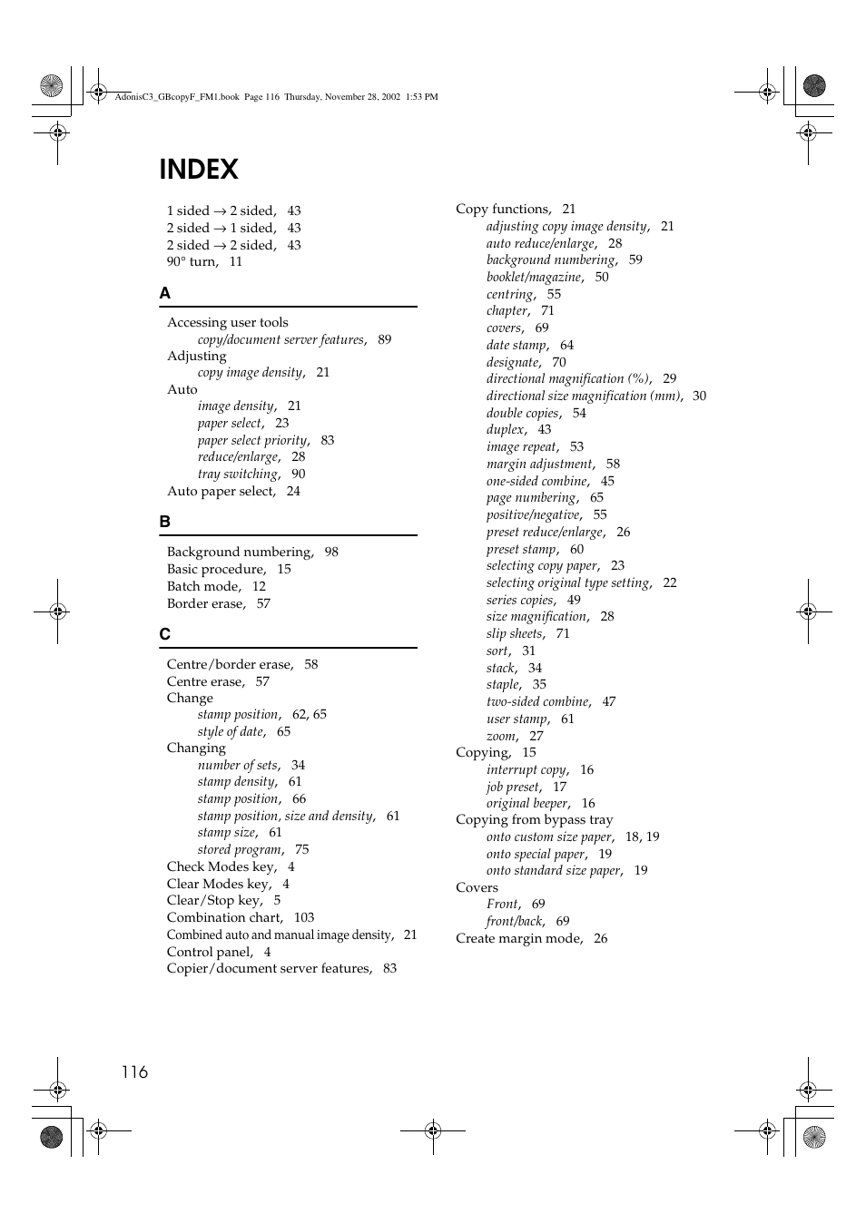 Index | Lanier LD 035 User Manual | Page 131 / 135