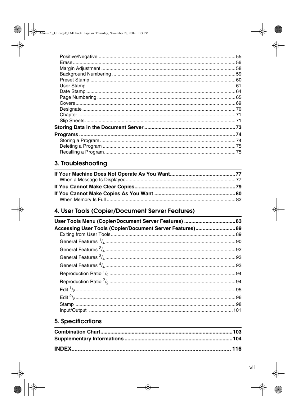 Troubleshooting, User tools (copier/document server features), Specifications | Lanier LD 035 User Manual | Page 14 / 135