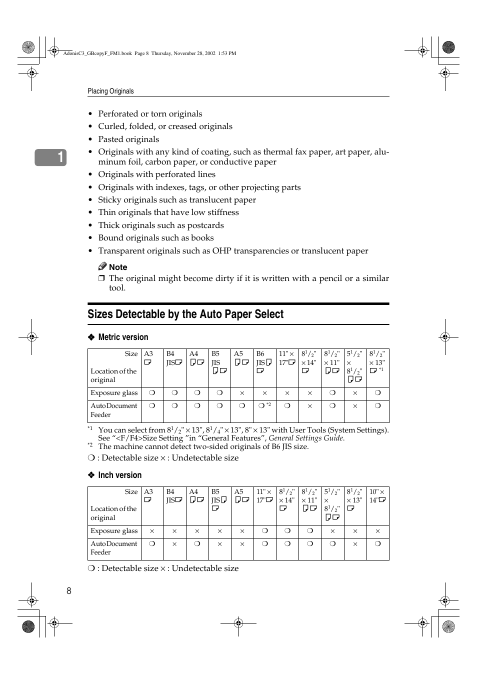 Sizes detectable by the auto paper select | Lanier LD 035 User Manual | Page 23 / 135