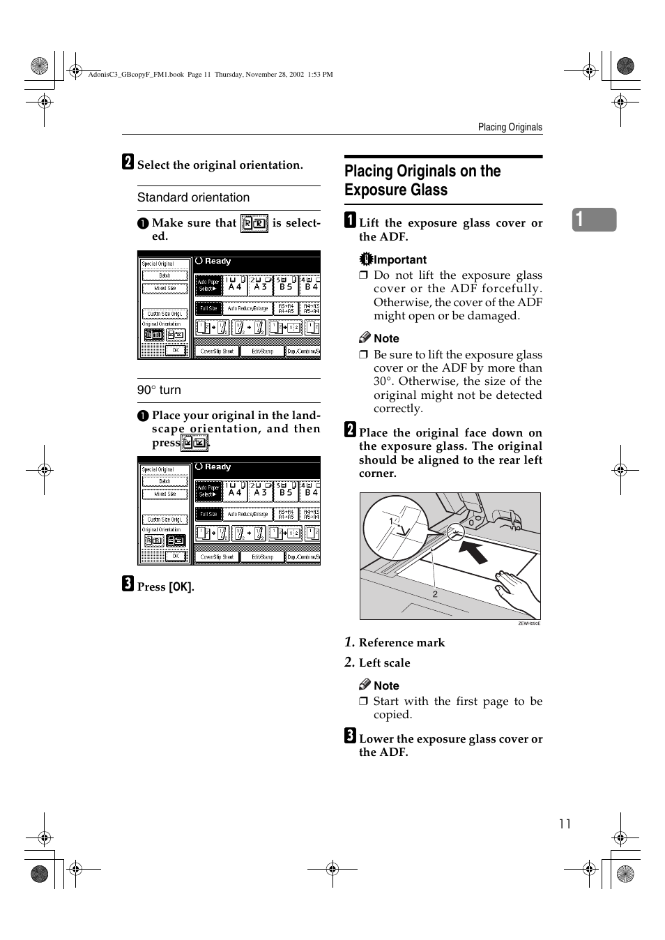 Placing originals on the exposure glass | Lanier LD 035 User Manual | Page 26 / 135