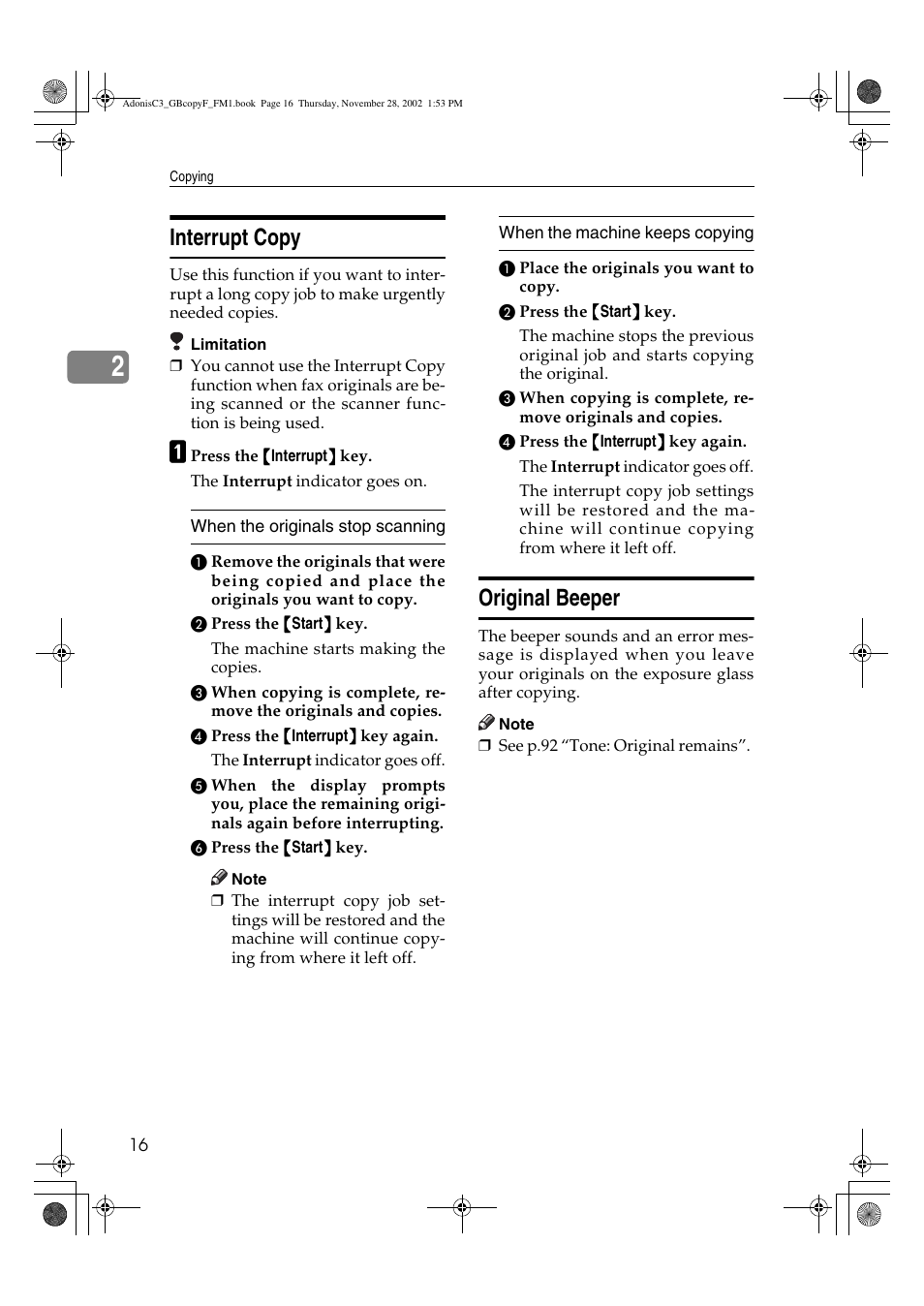 Interrupt copy, Original beeper | Lanier LD 035 User Manual | Page 31 / 135