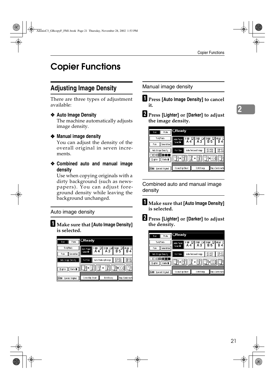 2copier functions, Adjusting image density | Lanier LD 035 User Manual | Page 36 / 135