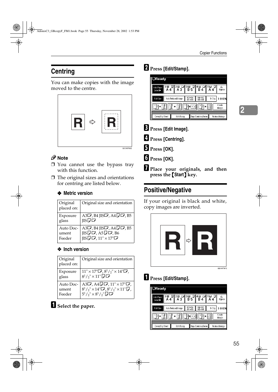 Centring, Positive/negative | Lanier LD 035 User Manual | Page 70 / 135