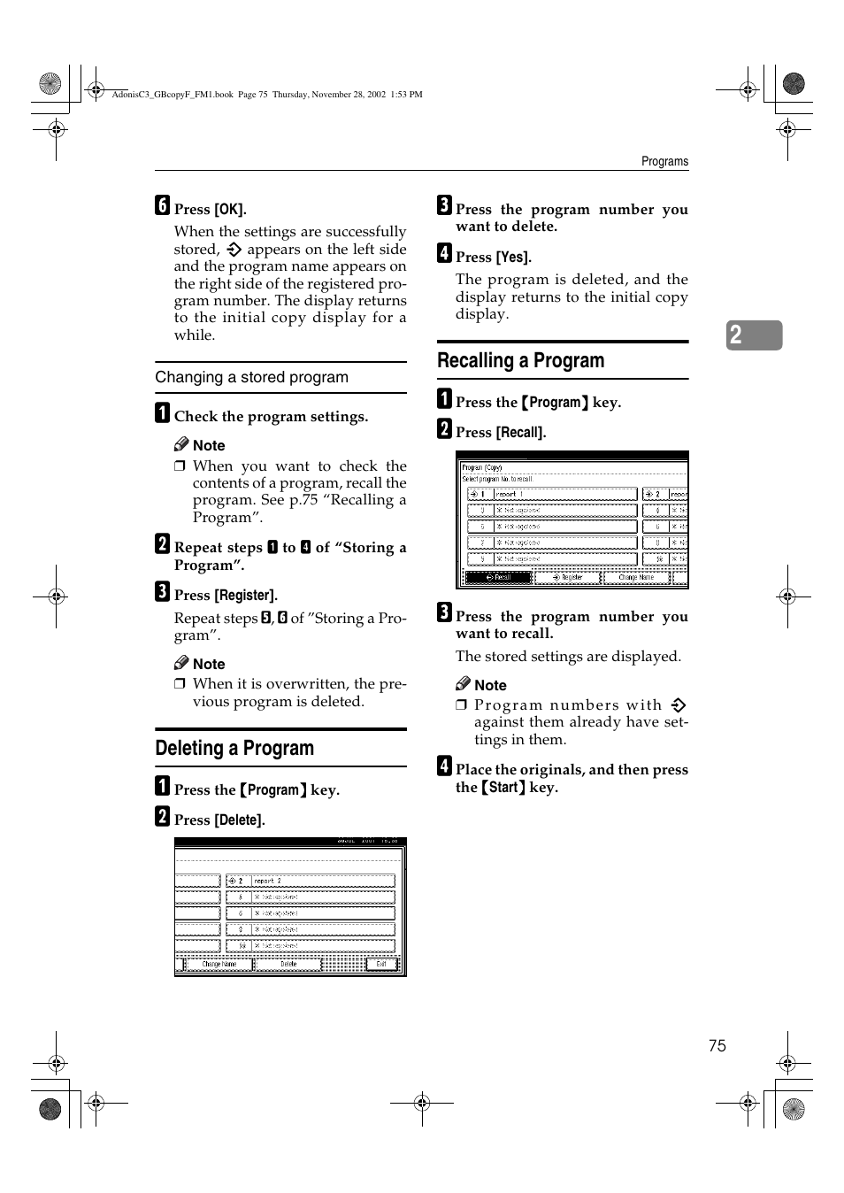 Deleting a program, Recalling a program | Lanier LD 035 User Manual | Page 90 / 135