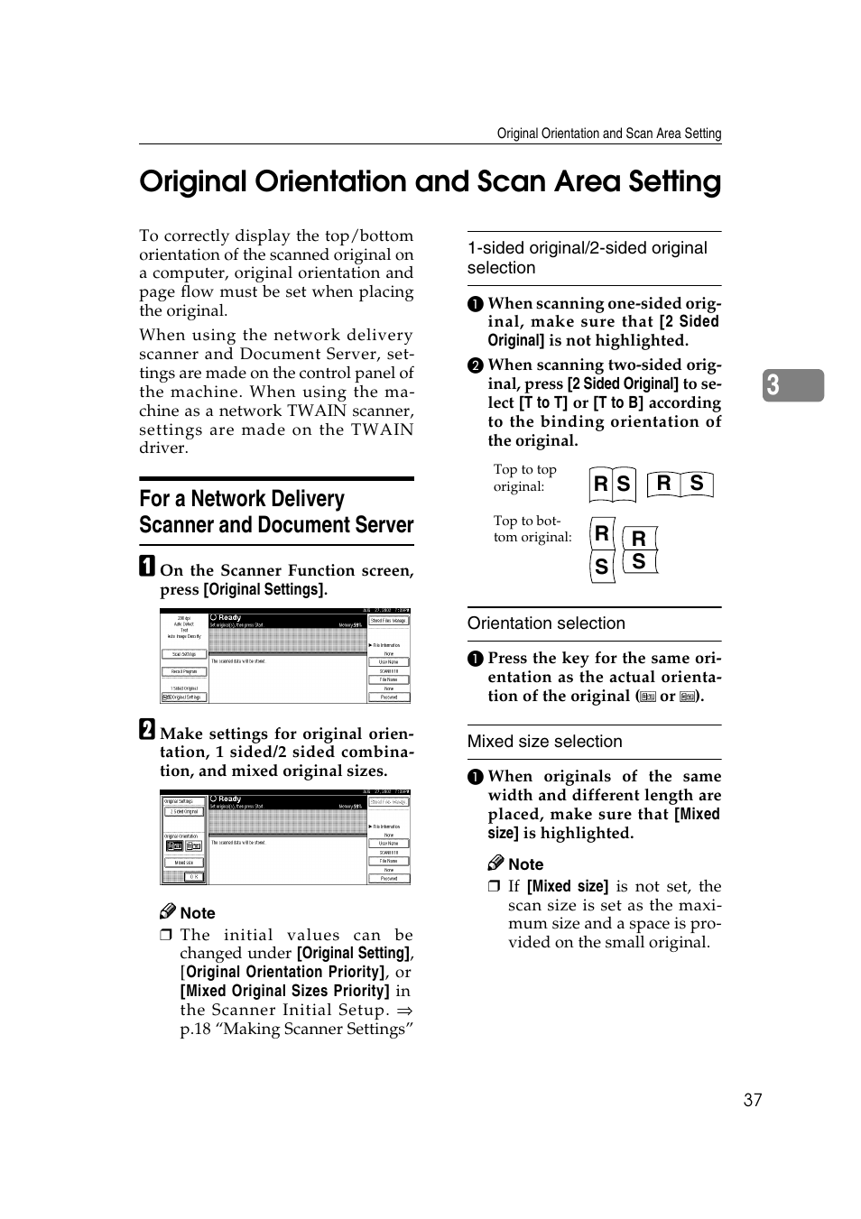 Original orientation and scan area setting, For a network delivery scanner and document server, 3original orientation and scan area setting | Lanier 5622 User Manual | Page 45 / 88