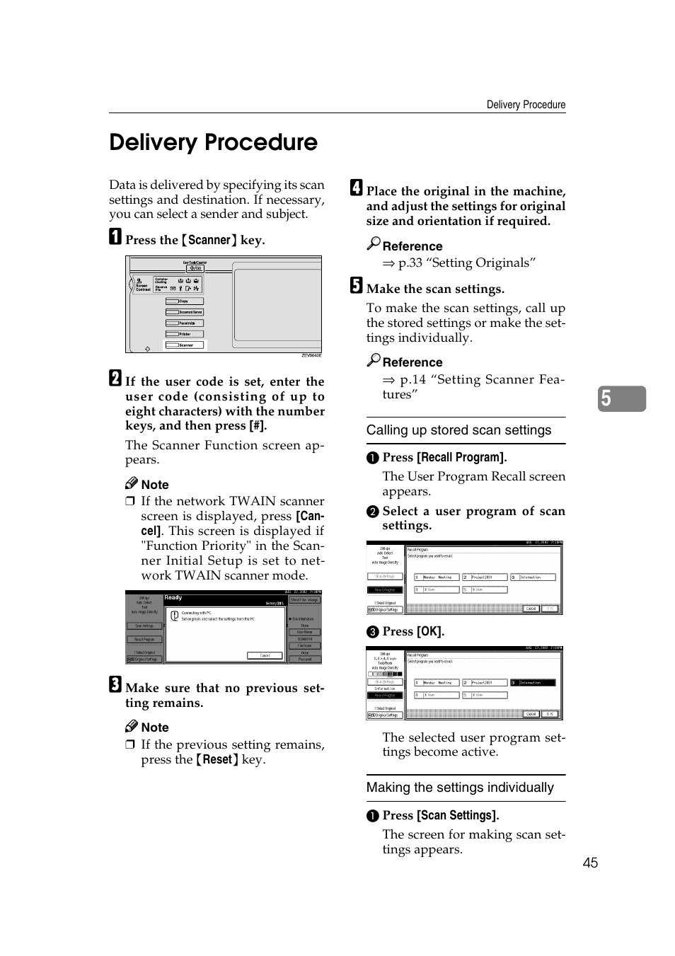 Delivery procedure, Calling up stored scan settings, 5delivery procedure | Lanier 5622 User Manual | Page 53 / 88