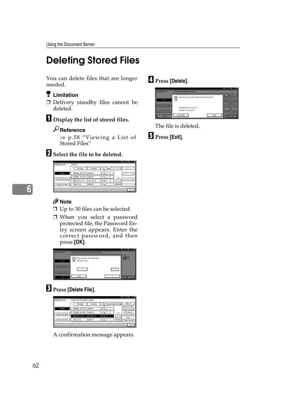 Deleting stored files, 6deleting stored files | Lanier 5622 User Manual | Page 70 / 88