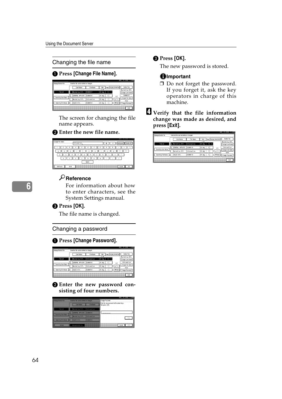 Changing the file name, Changing a password | Lanier 5622 User Manual | Page 72 / 88