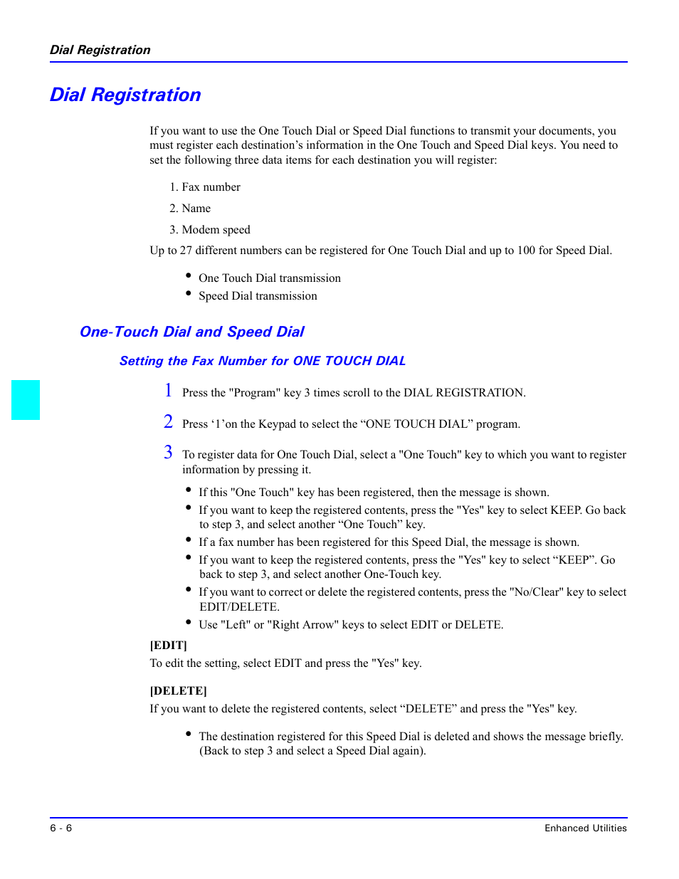 Dial registration, One-touch dial and speed dial, Setting the fax number for one touch dial | Dial registration -6, One-touch dial and speed dial -6 | Lanier 5415MFD User Manual | Page 102 / 258