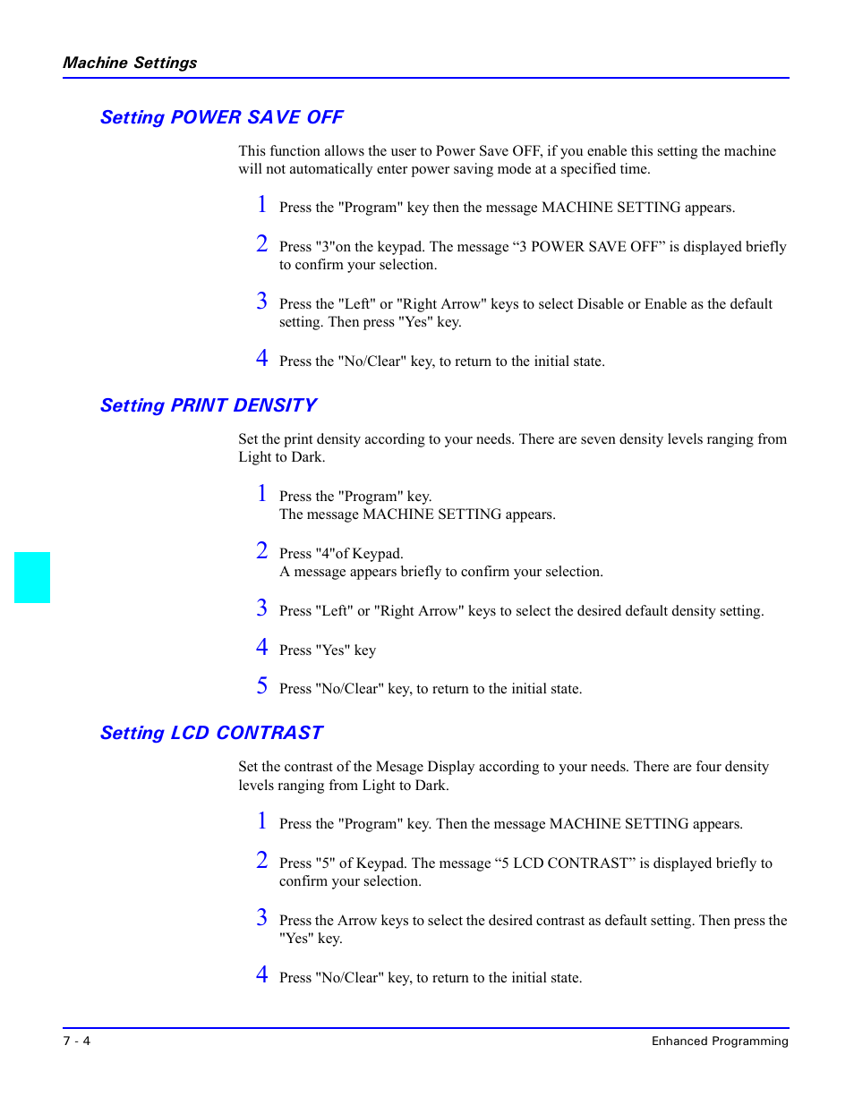 Setting power save off, Setting print density, Setting lcd contrast | Setting power save off -4, Setting print density -4 setting lcd contrast -4 | Lanier 5415MFD User Manual | Page 120 / 258