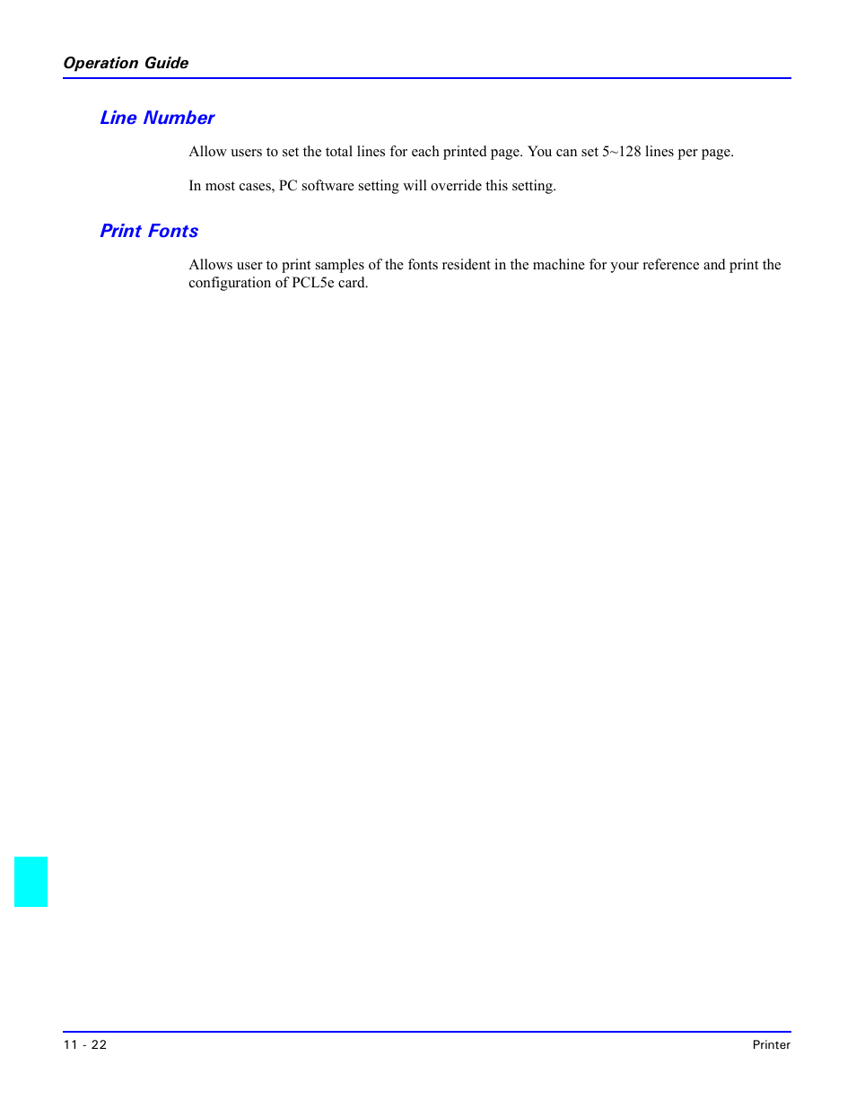 Line number, Print fonts, Line number -22 print fonts -22 | Lanier 5415MFD User Manual | Page 202 / 258