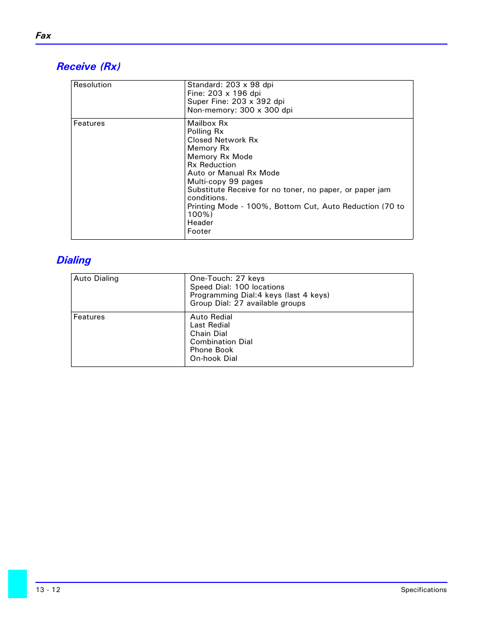 Receive (rx), Dialing, Receive (rx) -12 dialing -12 | Receive (rx) dialing | Lanier 5415MFD User Manual | Page 238 / 258