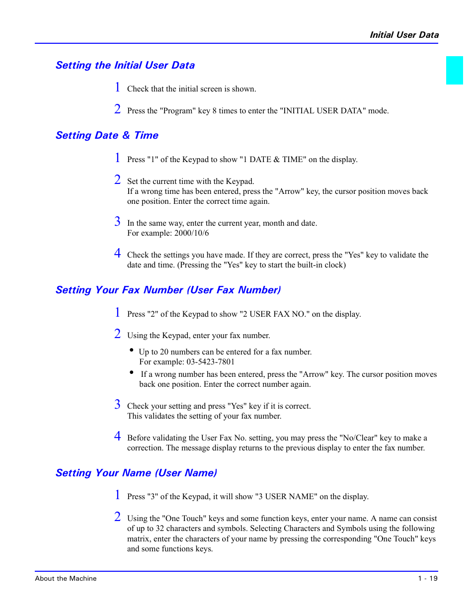 Setting the initial user data, Setting date & time, Setting your fax number (user fax number) | Setting your name (user name) | Lanier 5415MFD User Manual | Page 29 / 258