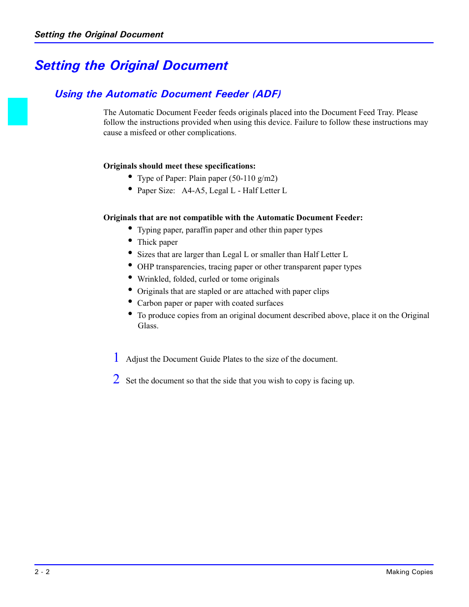 Setting the original document, Using the automatic document feeder (adf), Setting the original document -2 | Using the automatic document feeder (adf) -2 | Lanier 5415MFD User Manual | Page 38 / 258