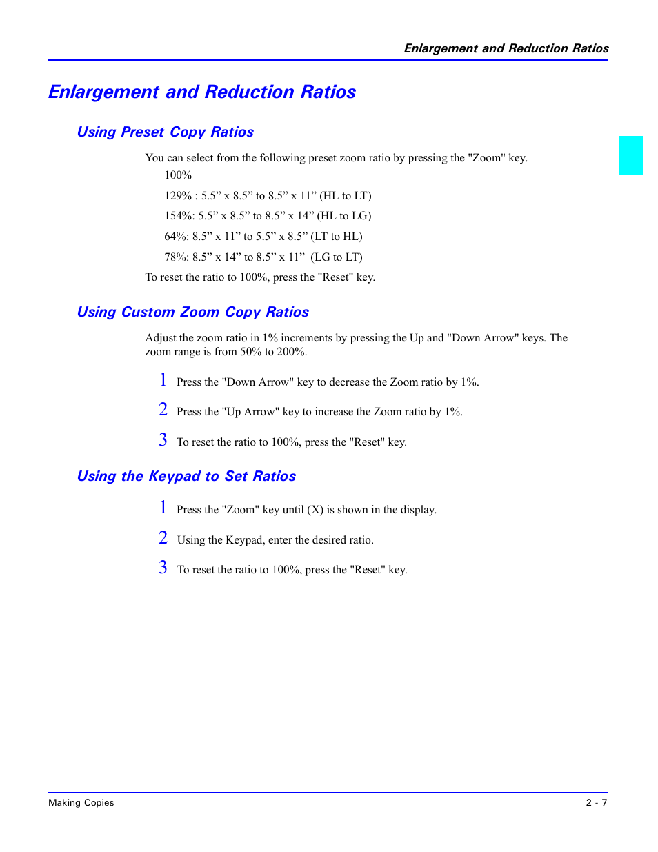 Enlargement and reduction ratios, Using preset copy ratios, Using custom zoom copy ratios | Using the keypad to set ratios, Enlargement and reduction ratios -7, Using the keypad to set ratios -7 | Lanier 5415MFD User Manual | Page 43 / 258