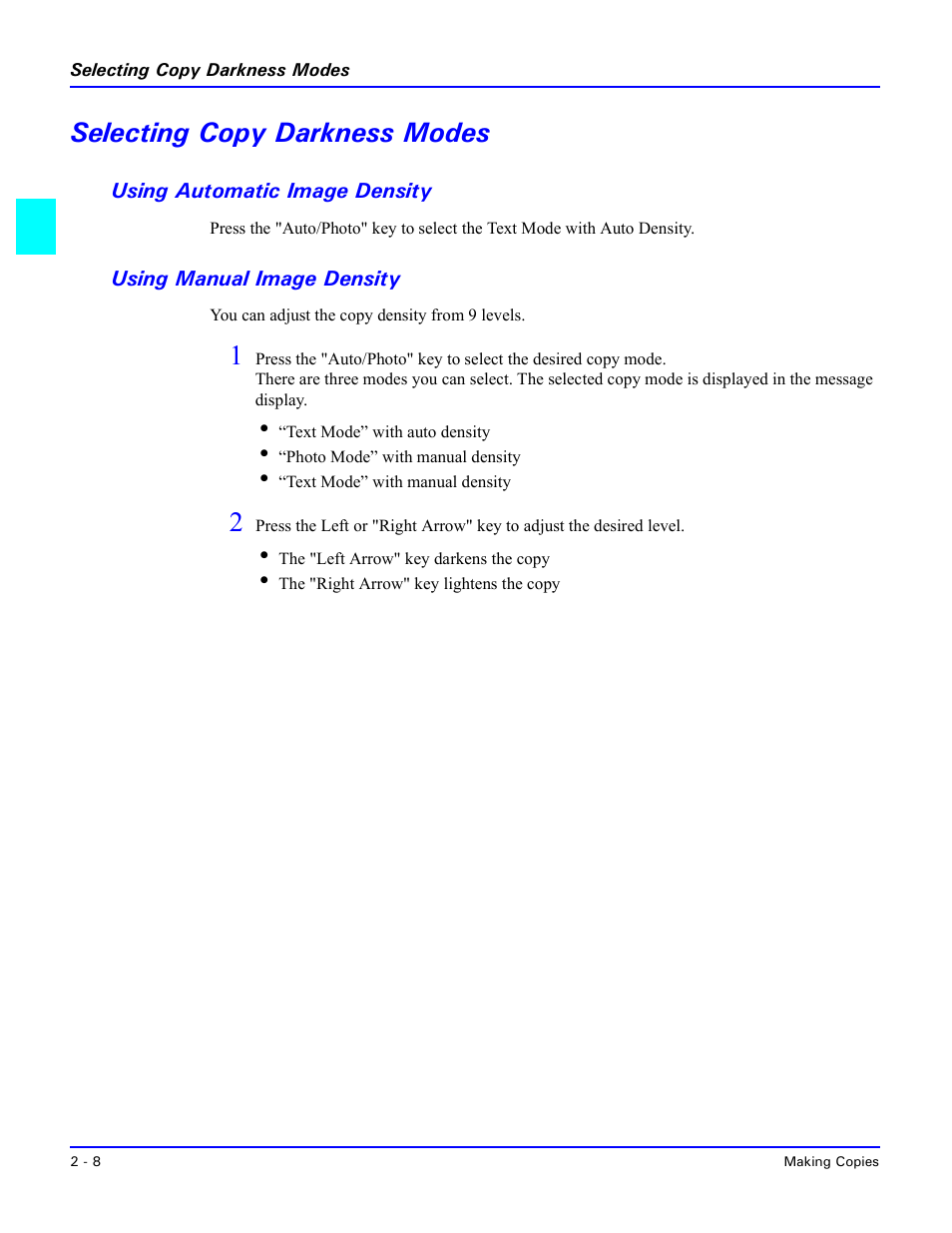 Selecting copy darkness modes, Using automatic image density, Using manual image density | Selecting copy darkness modes -8, Using automatic image density -8, Using manual image density -8 | Lanier 5415MFD User Manual | Page 44 / 258