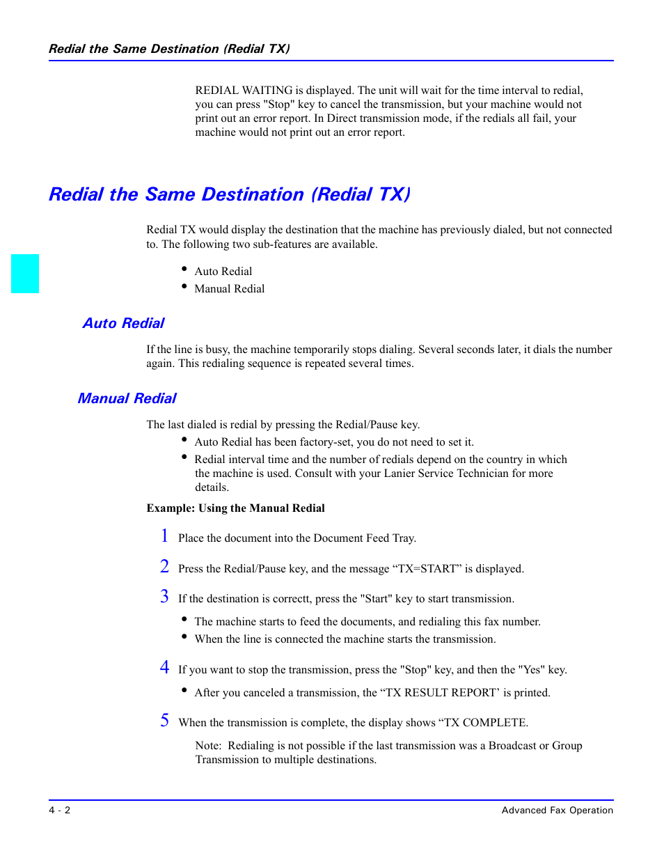 Redial the same destination (redial tx), Auto redial, Manual redial | Redial the same destination (redial tx) -2, Auto redial -2, Manual redial -2 | Lanier 5415MFD User Manual | Page 70 / 258