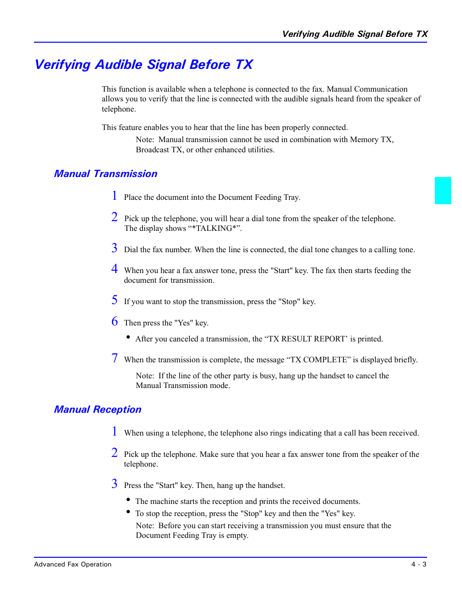 Verifying audible signal before tx, Manual transmission, Manual reception | Verifying audible signal before tx -3, Manual transmission -3, Manual reception -3 | Lanier 5415MFD User Manual | Page 71 / 258