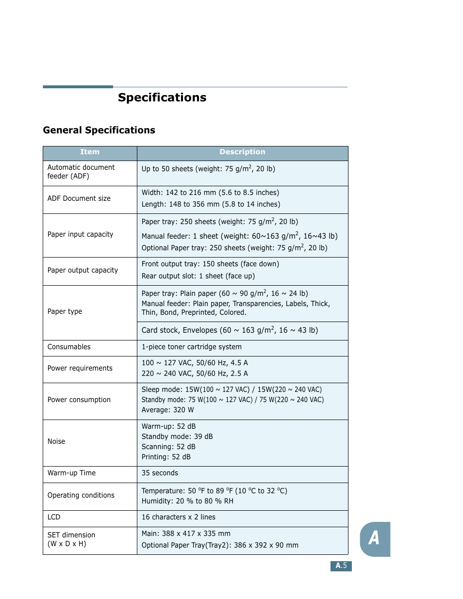 Specifications, General specifications | Lanier LF215 User Manual | Page 170 / 196