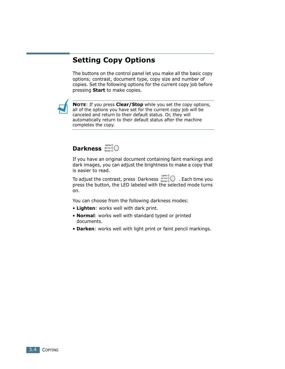 Setting copy options, Darkness | Lanier LF215 User Manual | Page 63 / 196