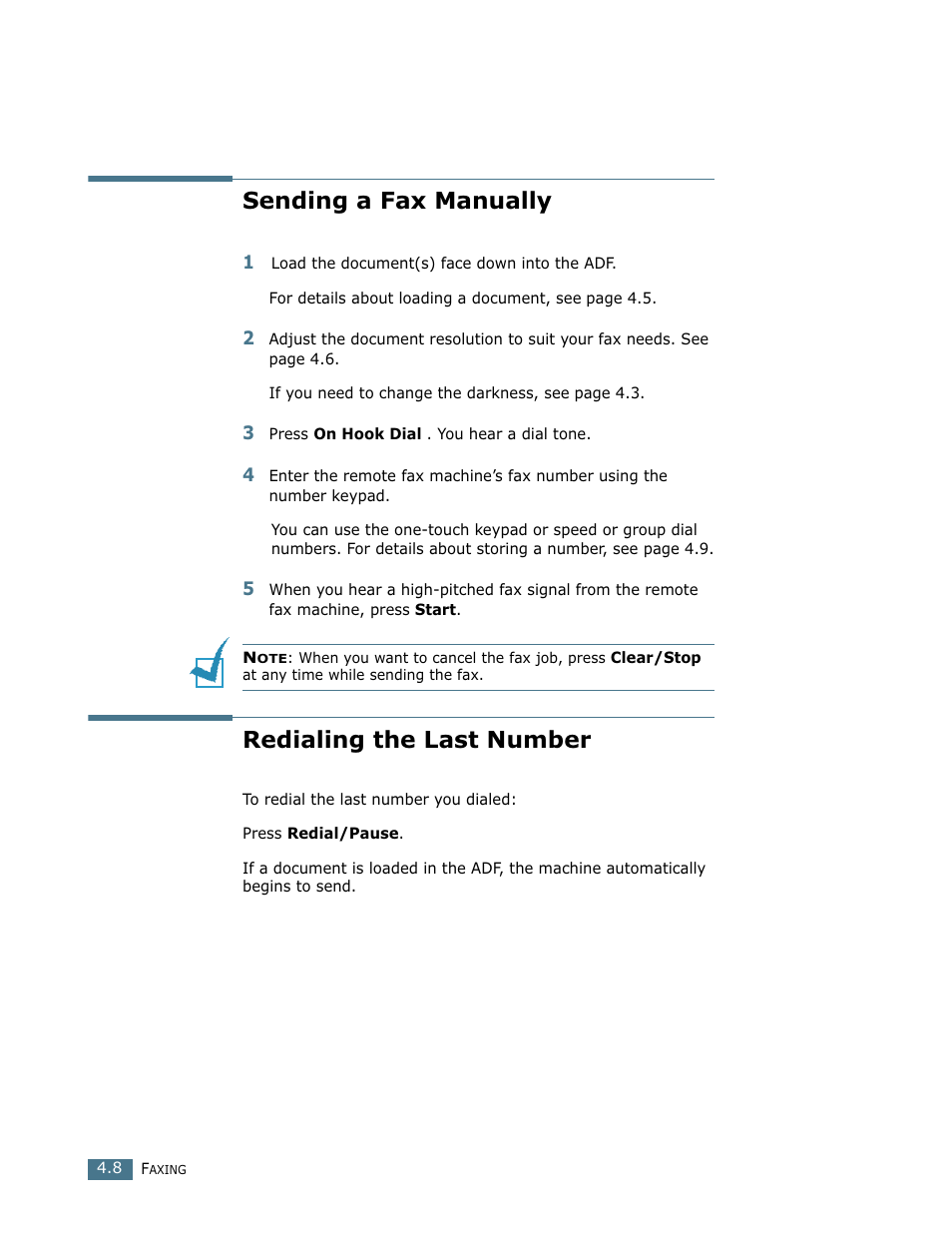 Sending a fax manually, Redialing the last number | Lanier LF215 User Manual | Page 75 / 196