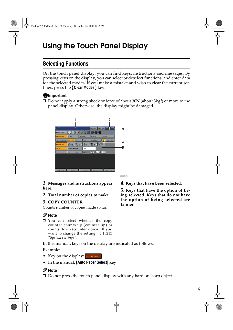 Using the touch panel display, Selecting functions | Lanier 5813 User Manual | Page 25 / 264