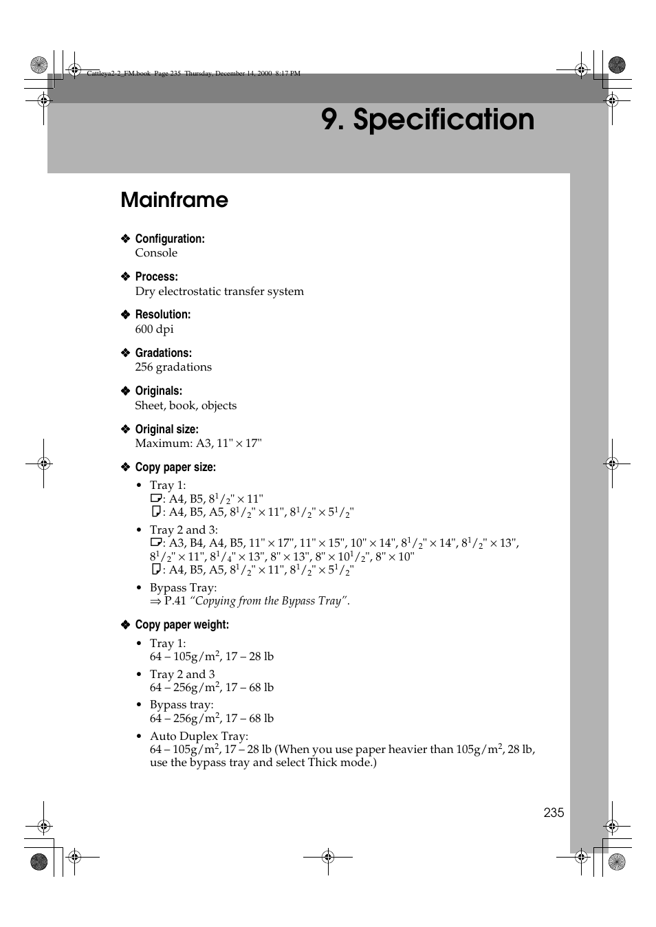 Specification, Specifications, Mainframe | Lanier 5813 User Manual | Page 251 / 264