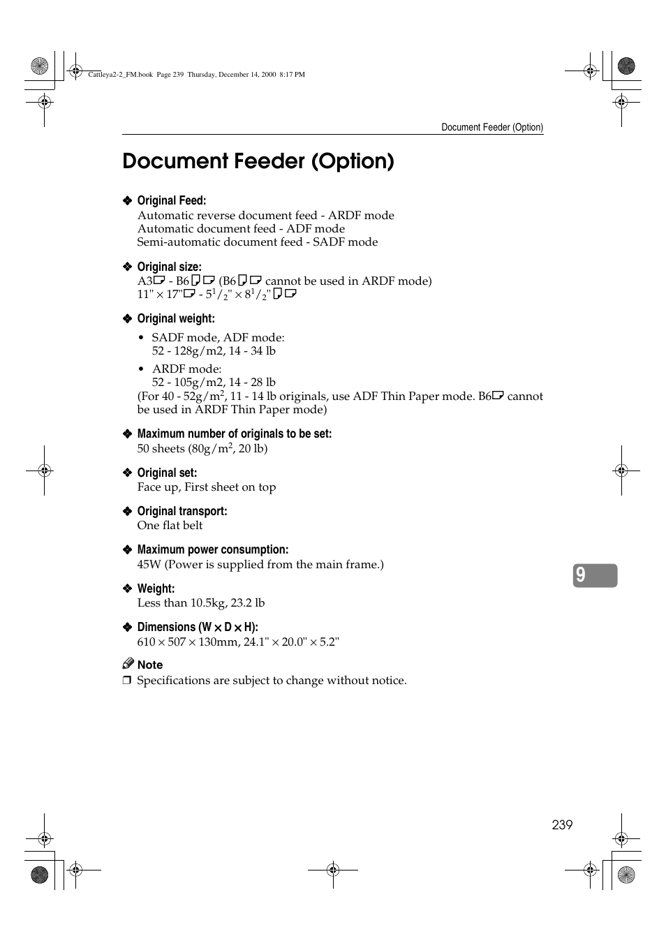 Document feeder (option), 9document feeder (option) | Lanier 5813 User Manual | Page 255 / 264